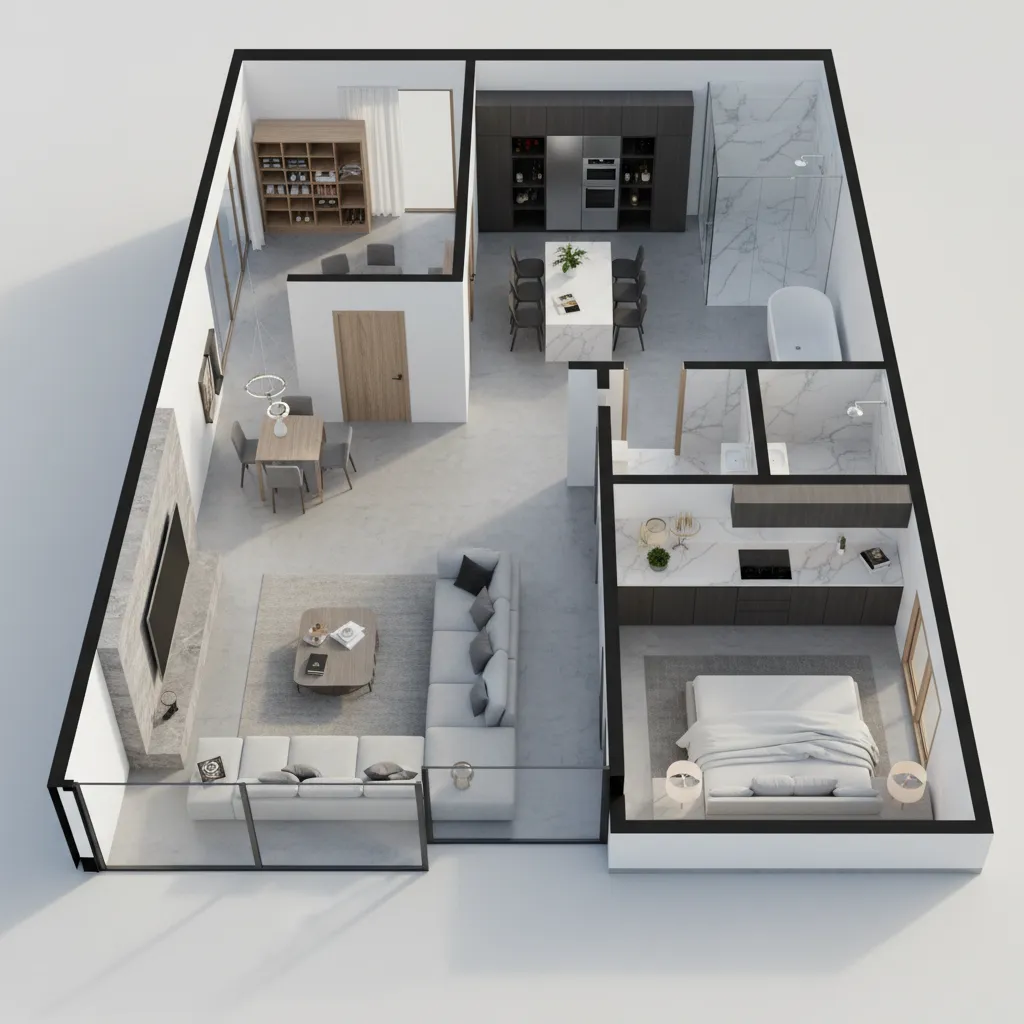Modern 3D apartment interior design drawing with large grey sofa kitchen island and white bedroom