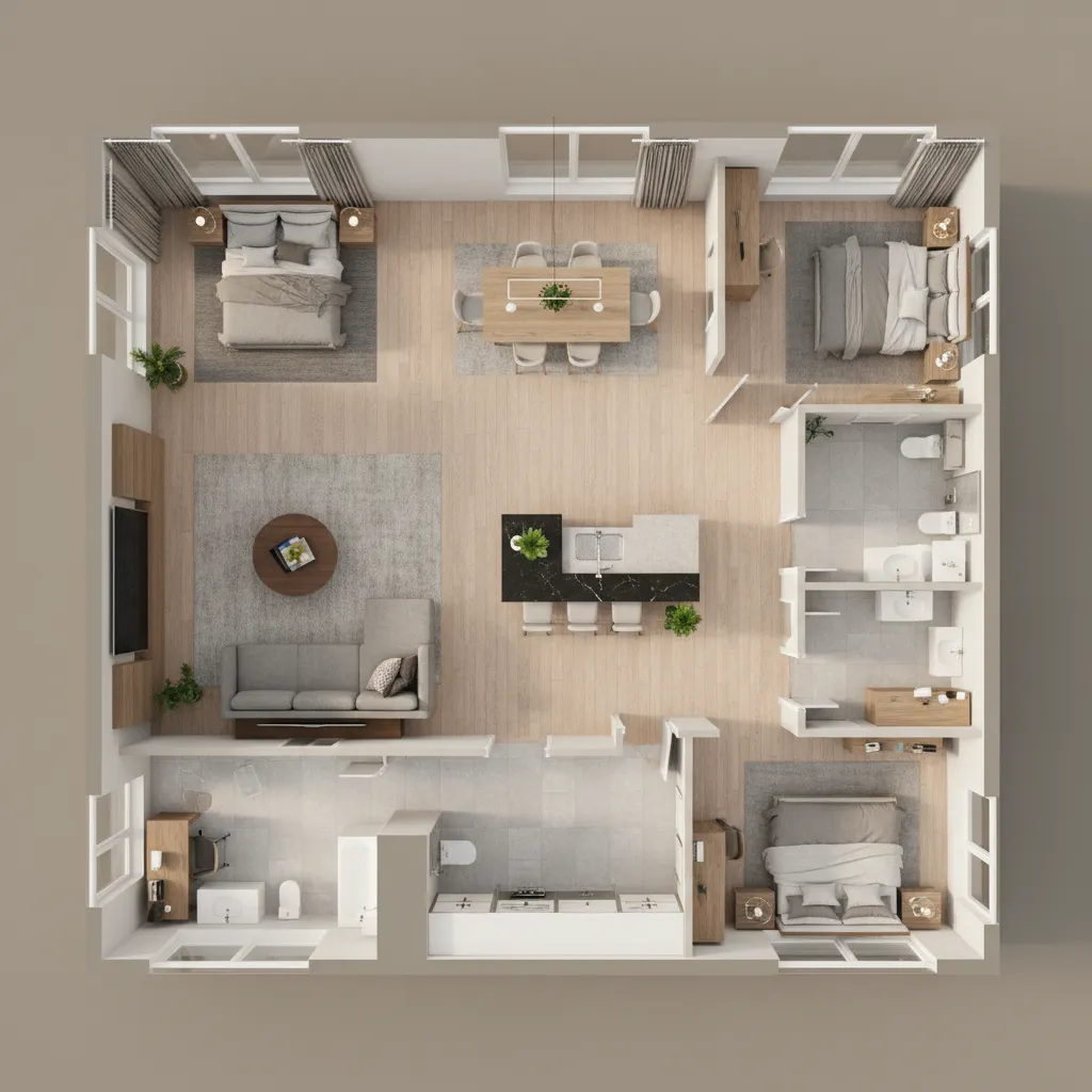 Three dimensional room layout showing three bedrooms living area kitchen dining space and two bathrooms