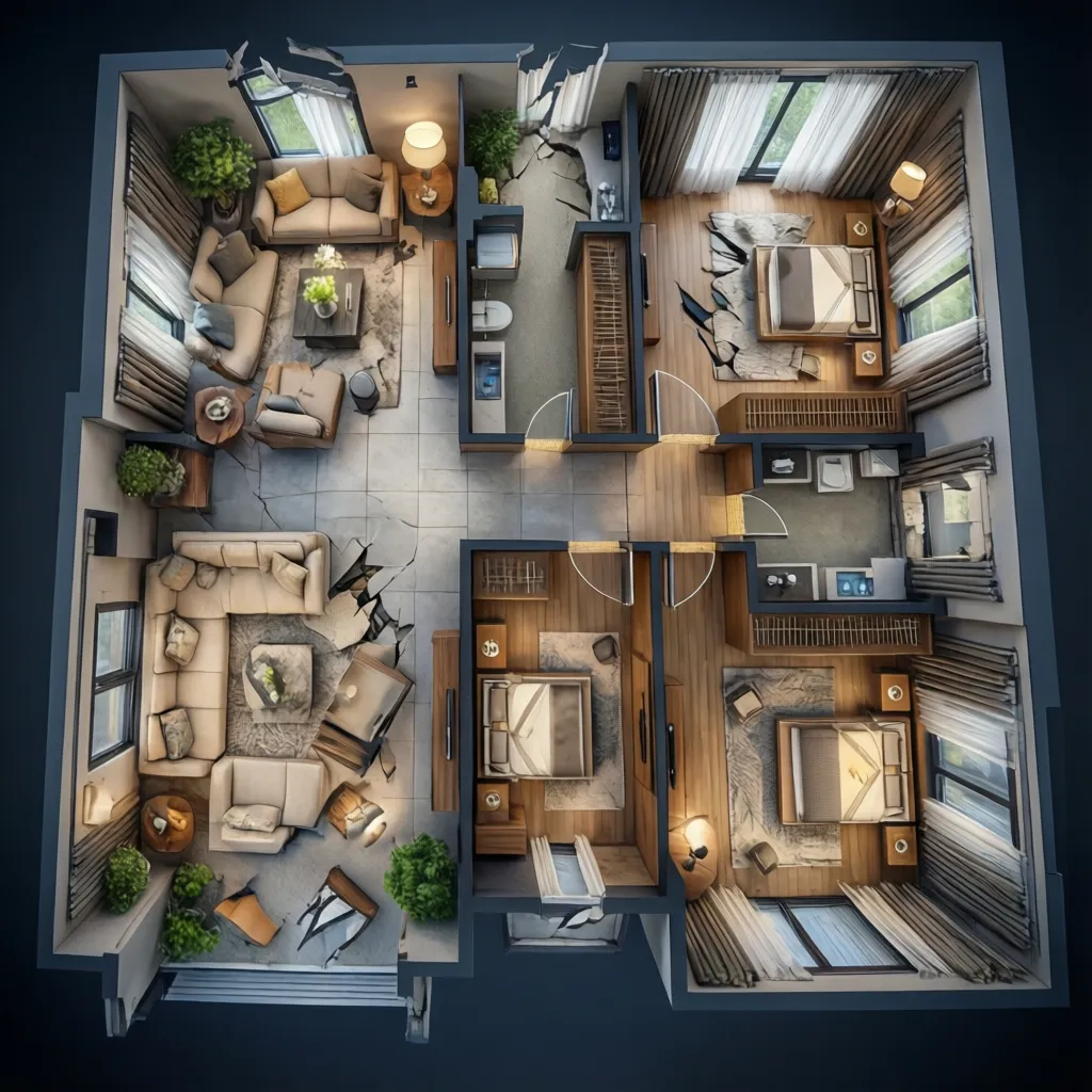 Modern 3D interior design drawing of an apartment showing living room furniture and three bedrooms