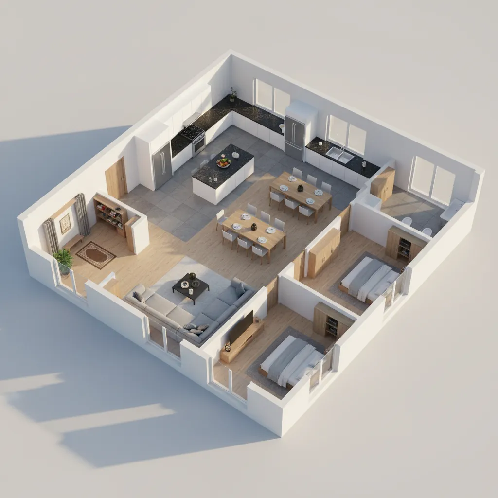 Visualisasi denah rumah 3D dengan tiga kamar tidur