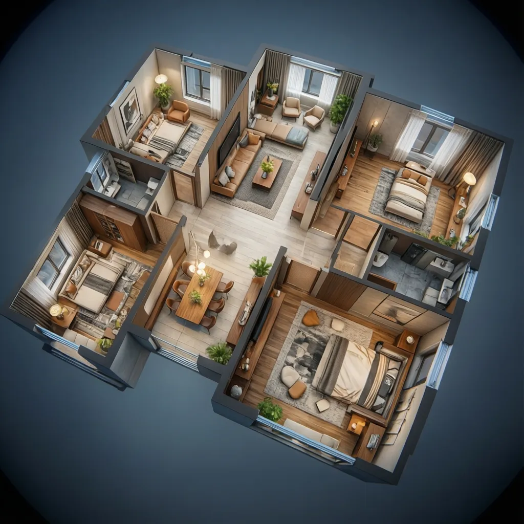 Three bedroom apartment 3D room layout with modern furniture living room dining area and floor