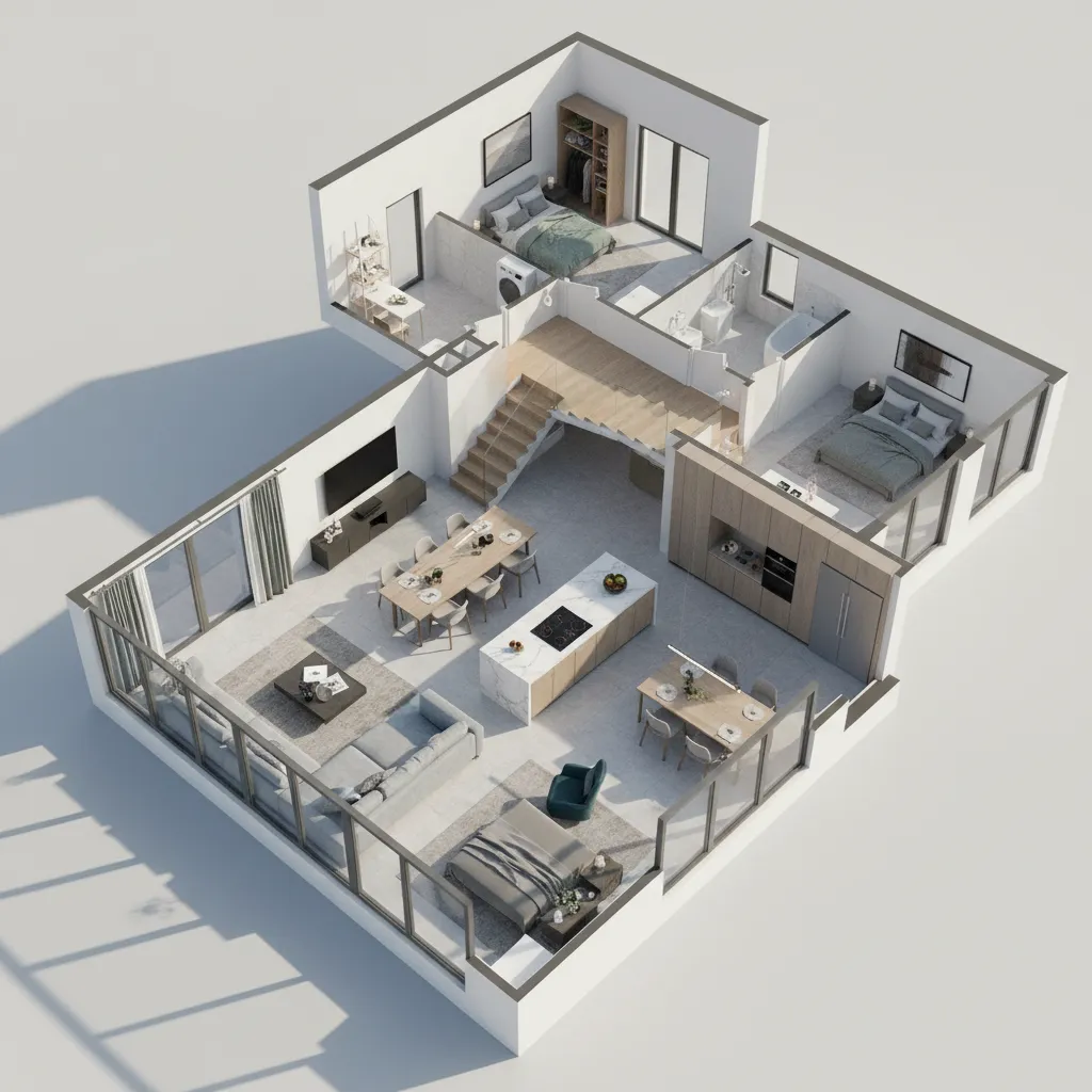 Modern room layout showing a two bedroom apartment with kitchen living area and glass balcony
