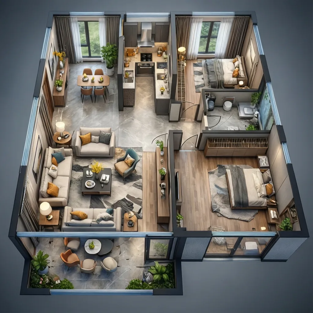 Desain denah rumah 3D dengan tata ruang lengkap