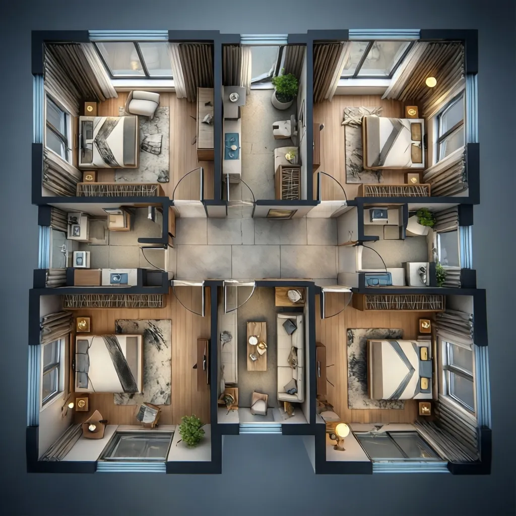 Visualisasi denah rumah dalam tampilan tiga dimensi