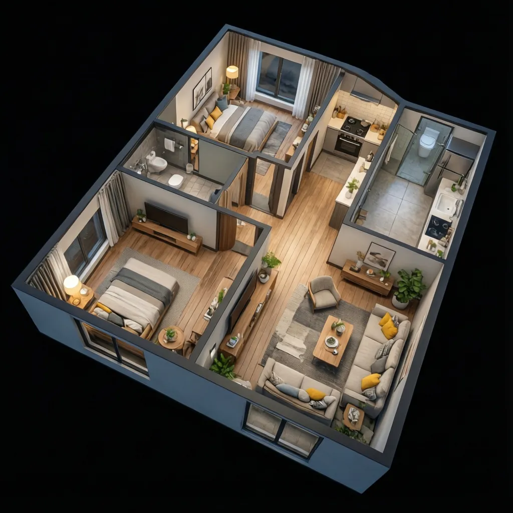 3D interior design drawing of a two bedroom apartment featuring living area kitchen and bathroom