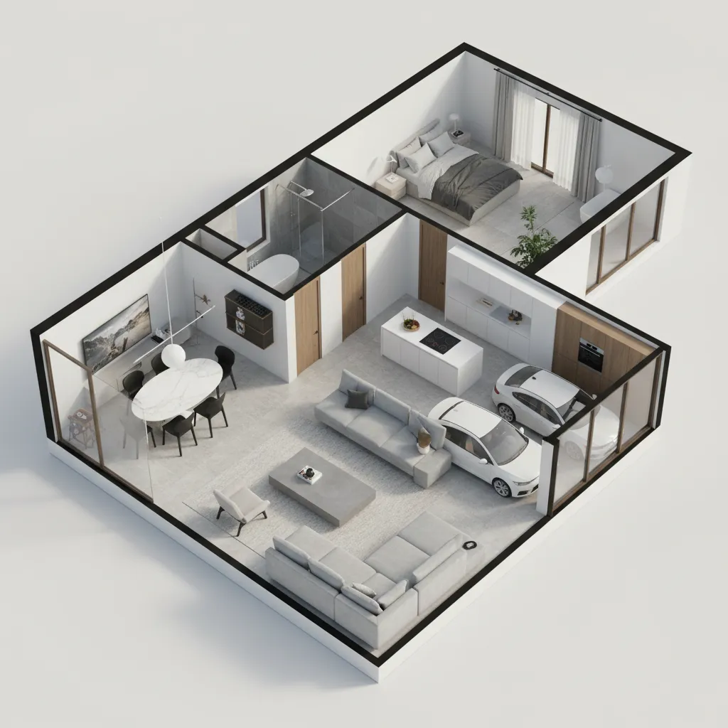 Visualisasi denah rumah 3D dengan garasi