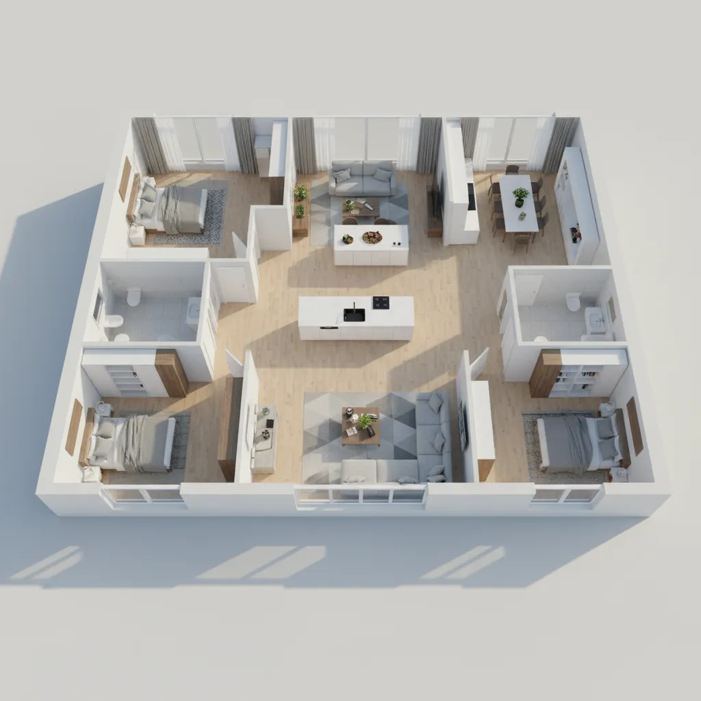 3D floor plan showing a house layout with three bedrooms two bathrooms and modern furniture