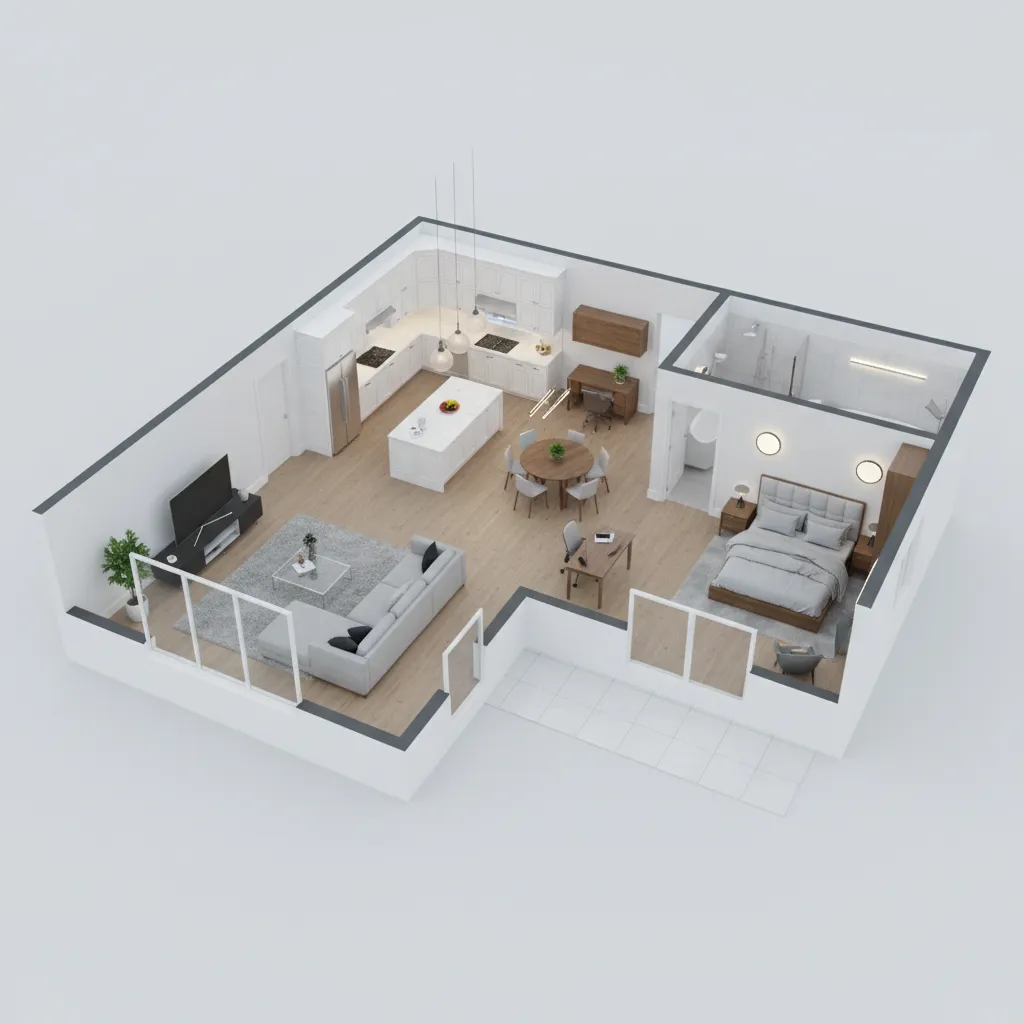 3D apartment interior design drawing with modern kitchen living room bedroom furniture and wood flooring