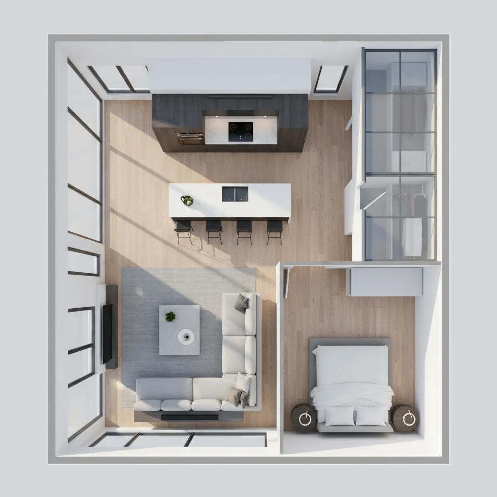 Visualisasi denah rumah 3D dengan tata ruang lengkap