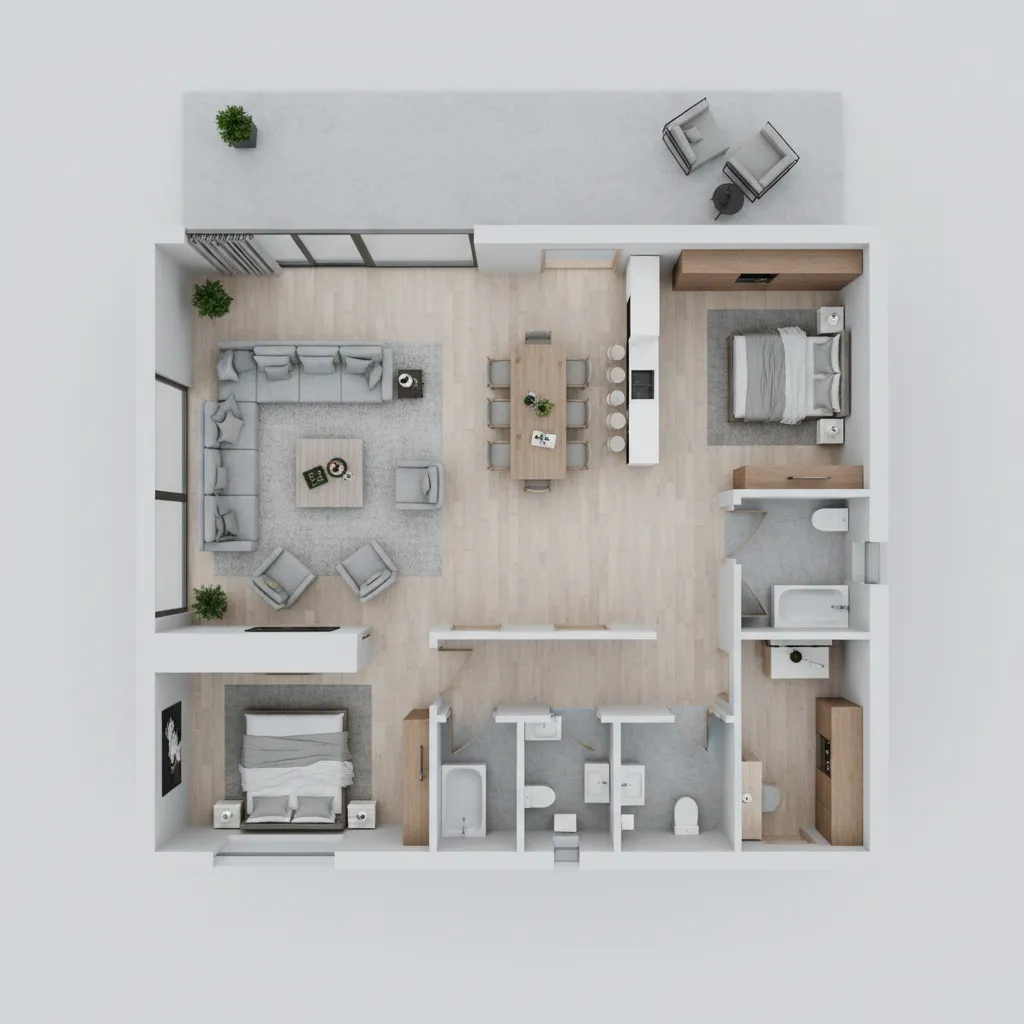 Visualisasi denah rumah modern dalam tampilan tiga dimensi