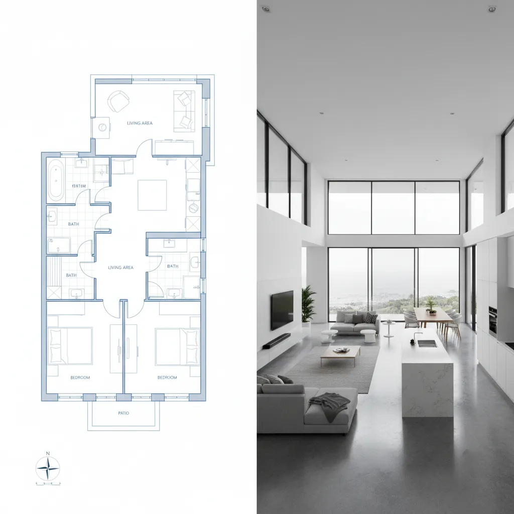 Perbandingan denah rumah sederhana dan visualisasi 3D