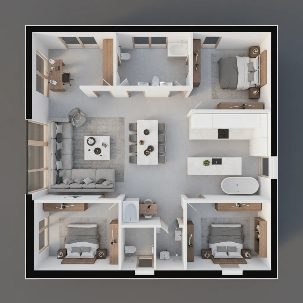 Top down interior design drawing with grey sofa dining table three bedrooms and white kitchen