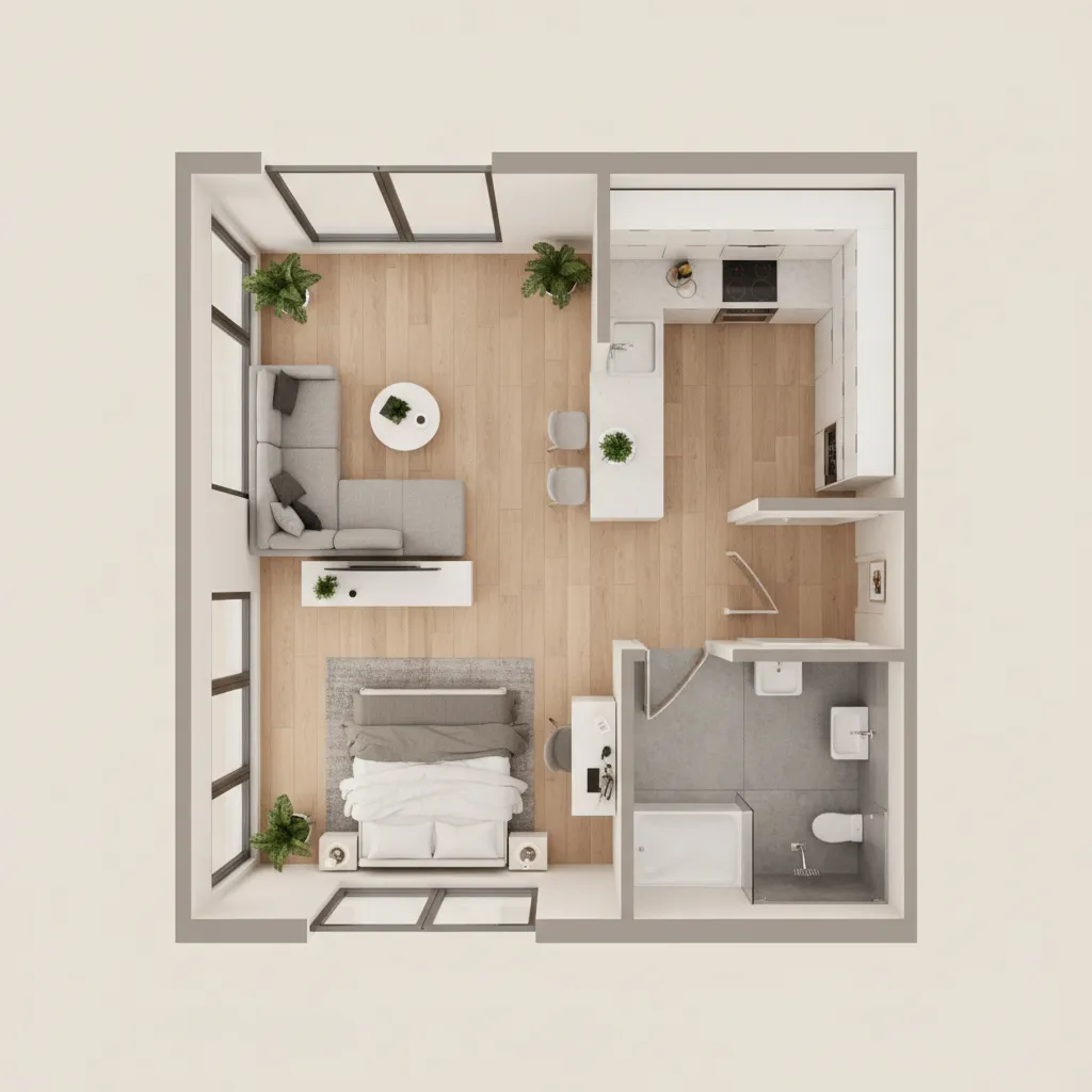 Modern interior design drawing of a studio apartment with wood floor, grey sofa, and furniture