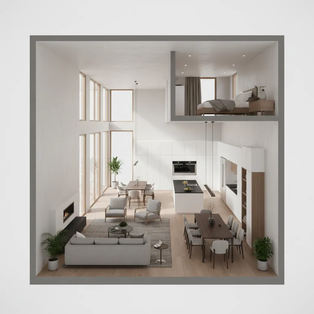 Visualisasi denah rumah sempit dalam tampilan tiga dimensi