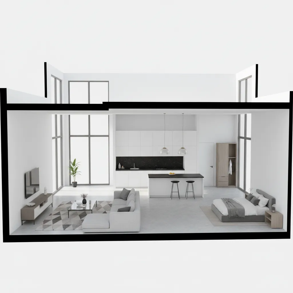 Visualisasi denah rumah 3D yang menampilkan furnitur dan tata ruang
