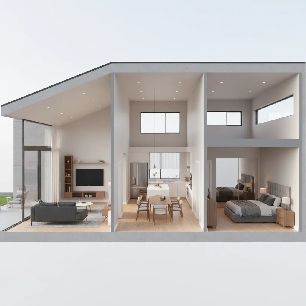 3D interior design drawing showing living room kitchen and bedroom in a modern house layout