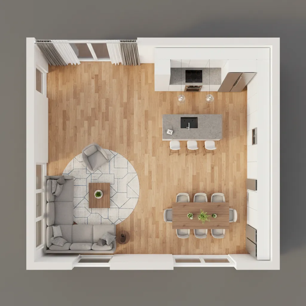 Top view 3D floor plan with kitchen island dining table grey sofa and wooden floor