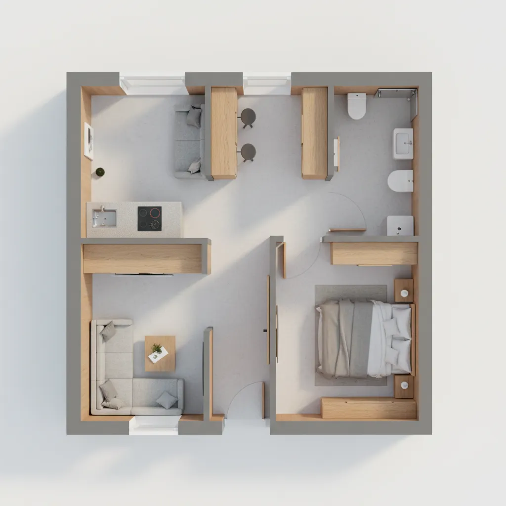Top view interior design drawing showing living room, bedroom, kitchen, and bathroom in a layout