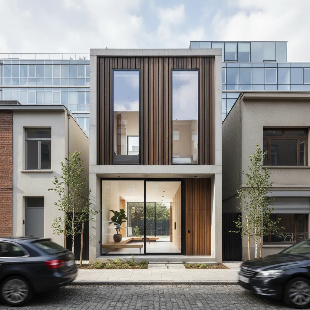 Modern house exterior with vertical wood wall panels large glass windows concrete frame and street