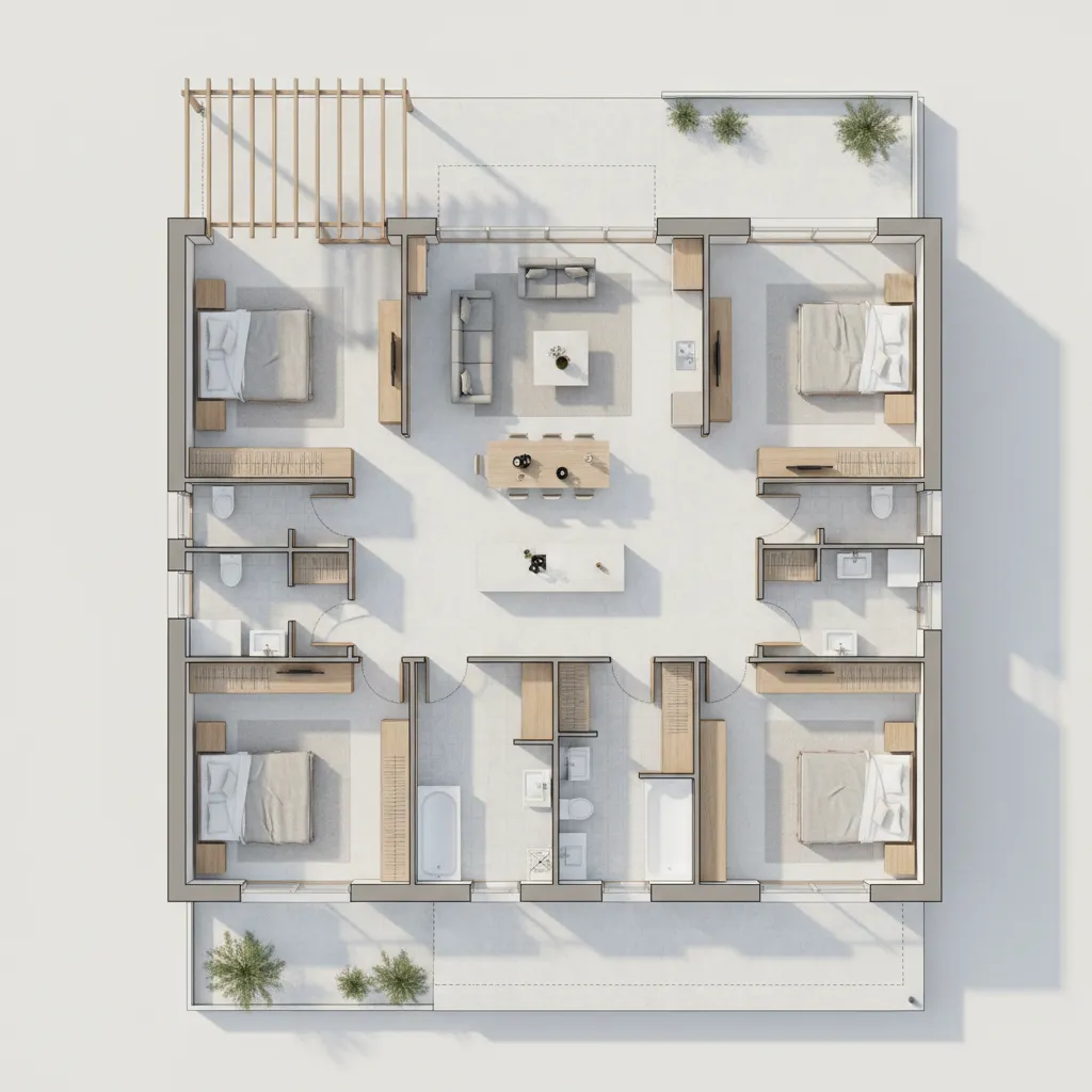 Bright interior design drawing of four bedrooms around a central dining table with white floors