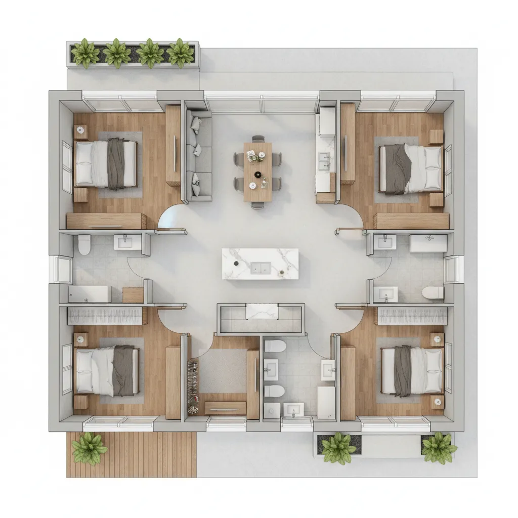 Interior design drawing showing four bedrooms with wooden floors kitchen island dining table and plants