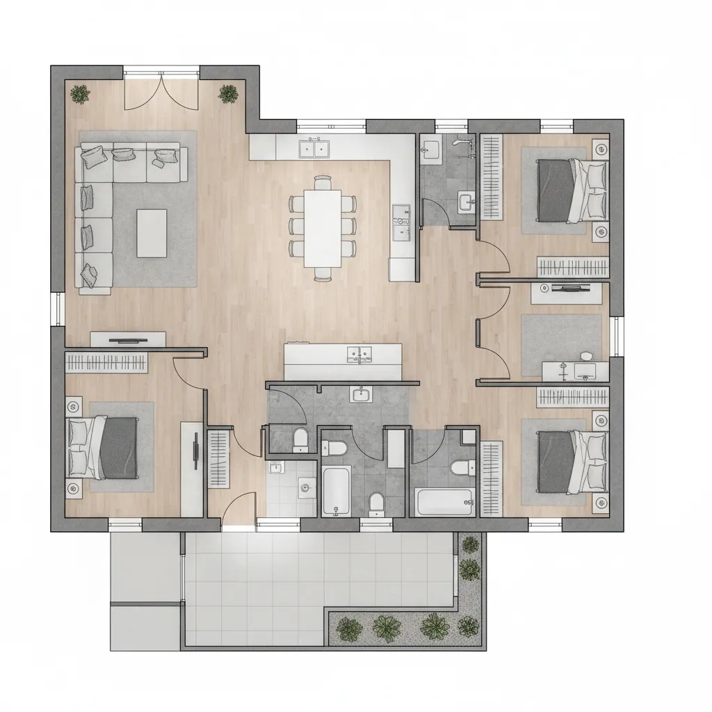 Detailed 2D house floor plan with living room kitchen dining area and four private bedrooms
