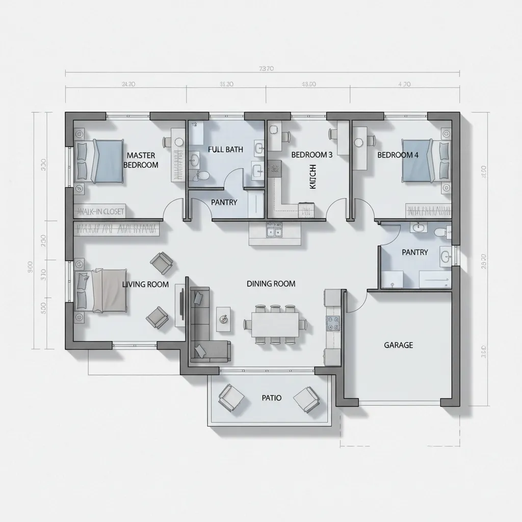 Interior design drawing showing four bedroom house layout with living room dining area and garage