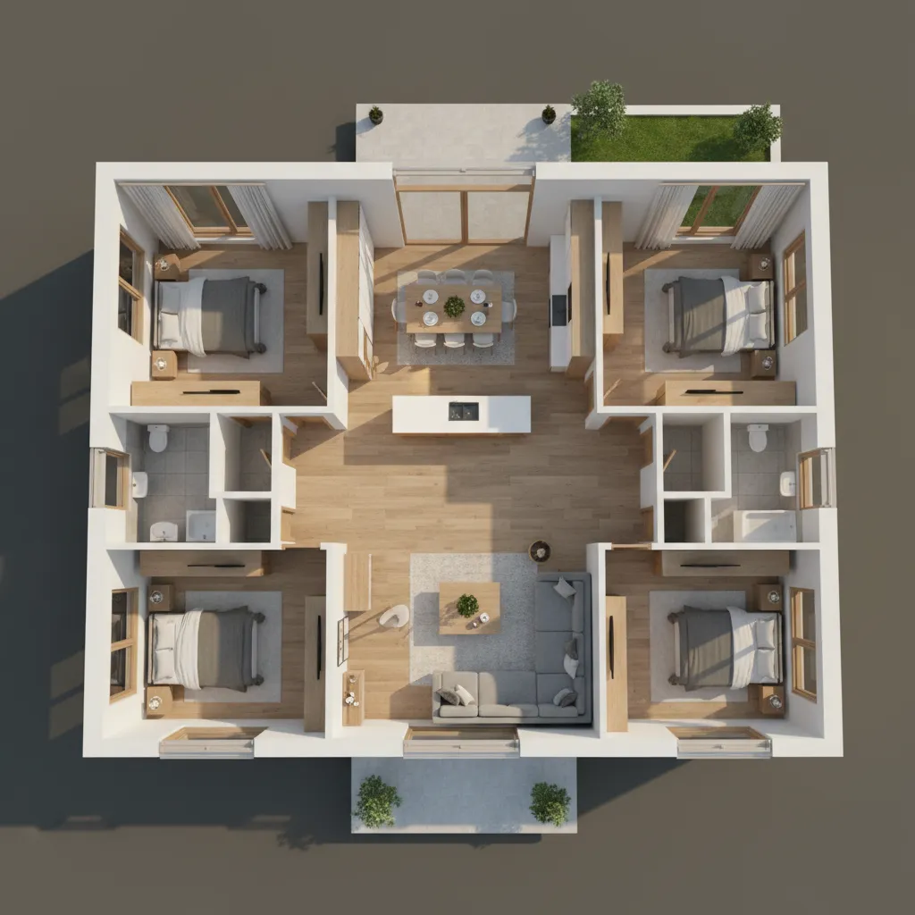 Denah Rumah 4 Kamar Tidur 1 Mushola 3D