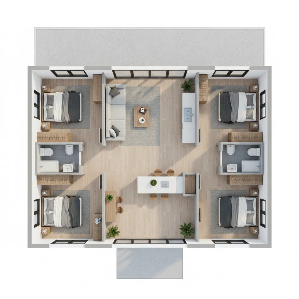 3D floor plan with four bedrooms living room kitchen dining area and two small bathrooms