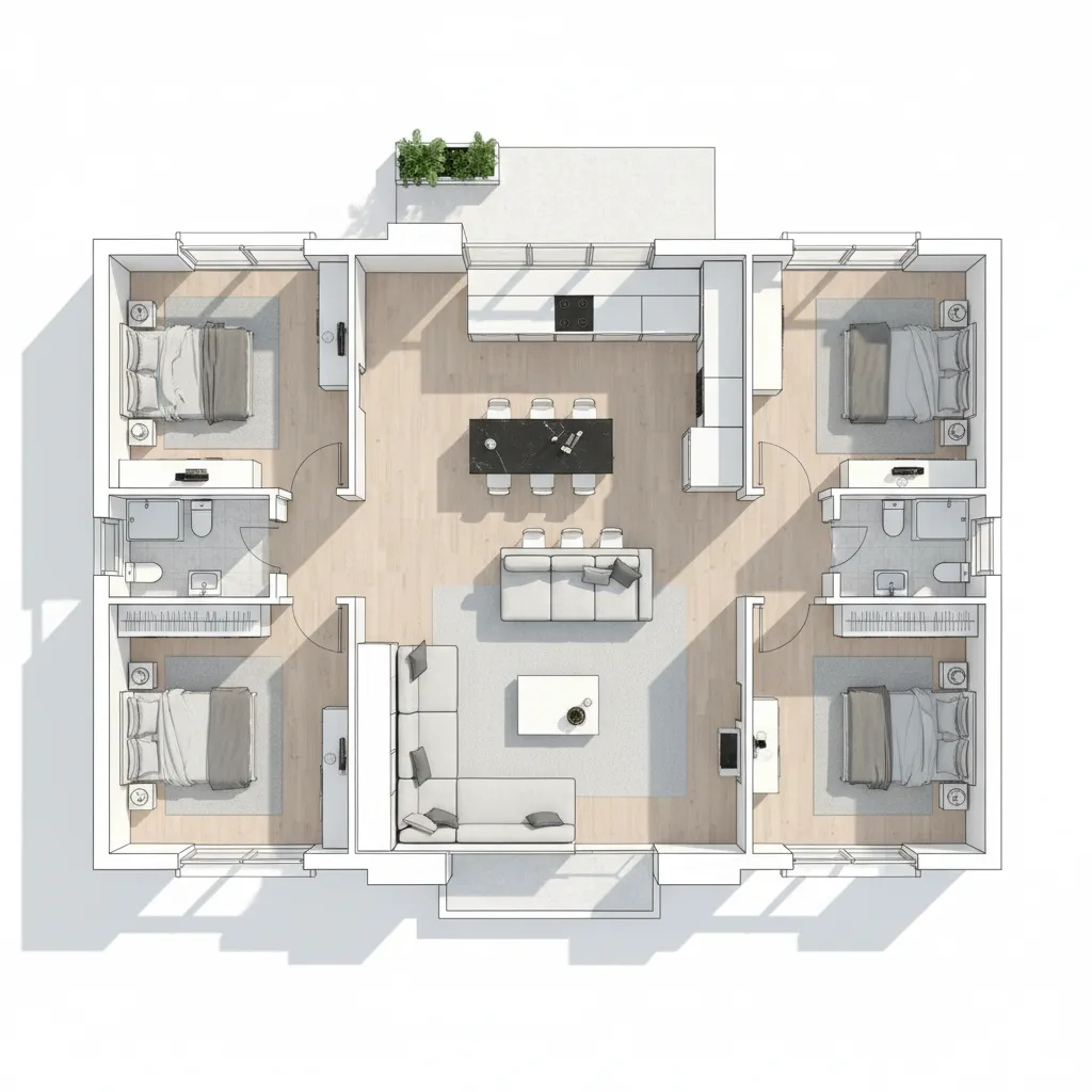 Three dimensional room layout showing four bedrooms with a large sofa and modern dining table