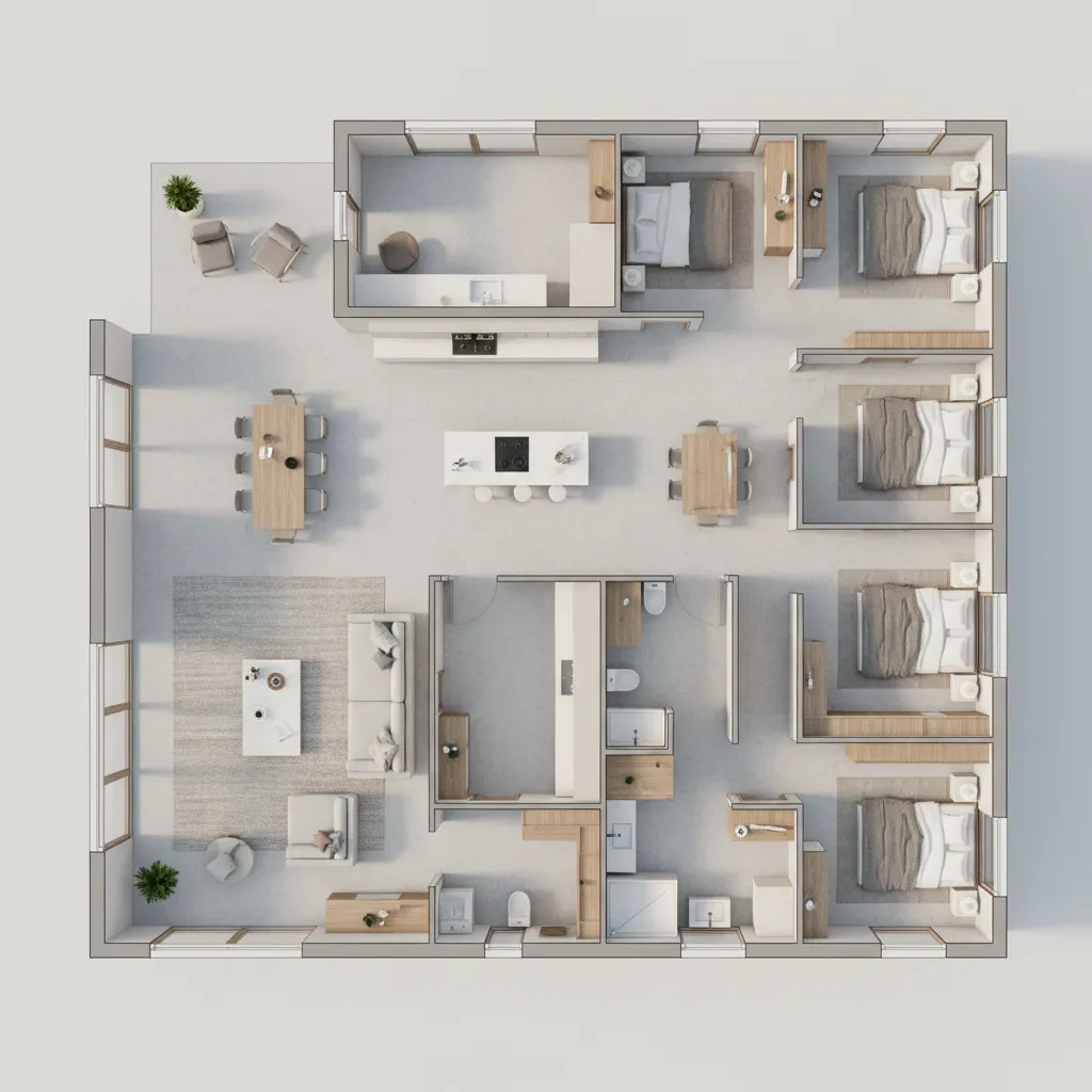 Top view 3D floor plan showing five bedrooms living room dining area and a kitchen