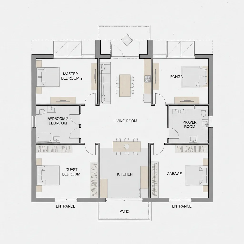 Detailed 2D floor plan layout showing four bedrooms living room kitchen and labeled prayer room