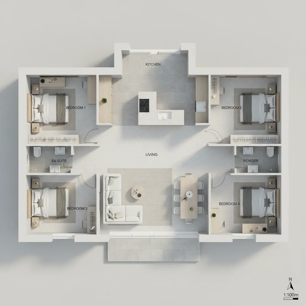 Modern 3D floor plan showing four bedrooms and a kitchen with island and white sofa