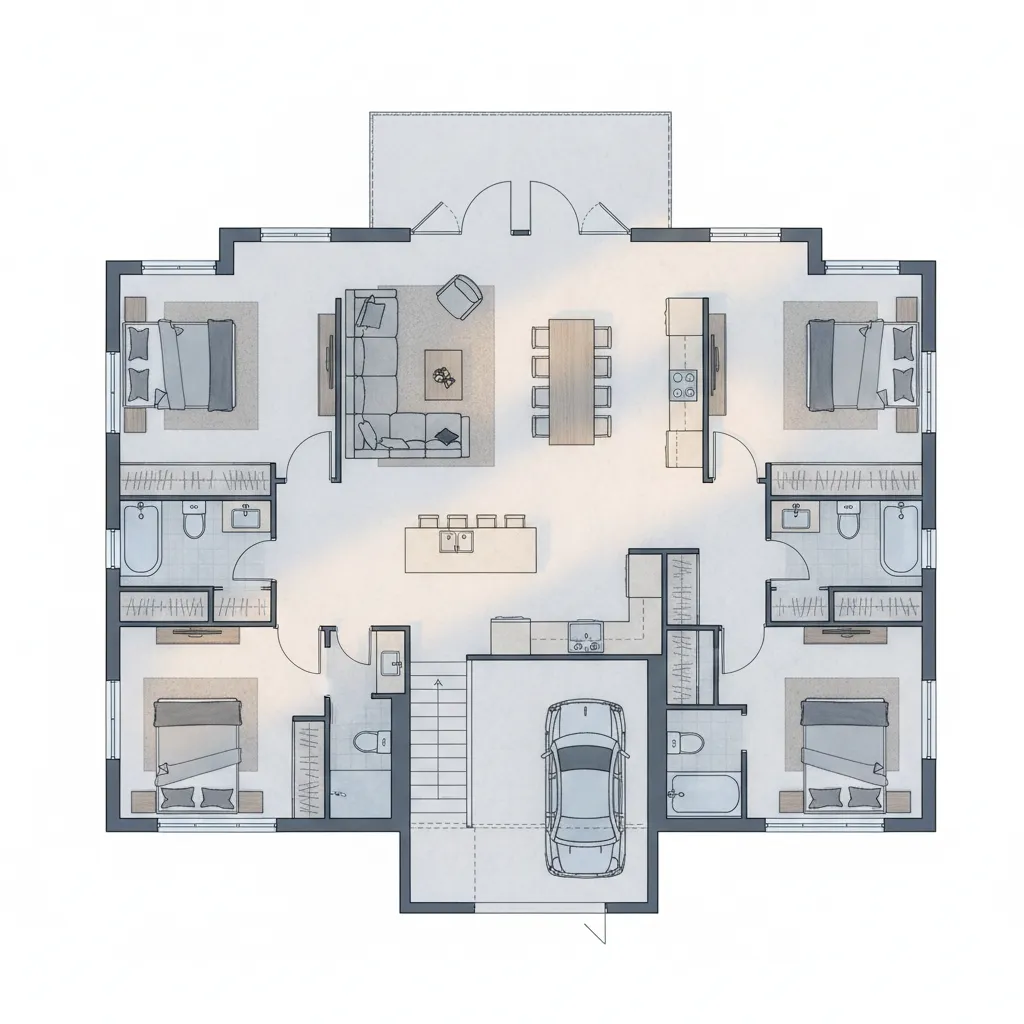 House floor plan showing four bedrooms, living room, dining area, kitchen, and a car garage