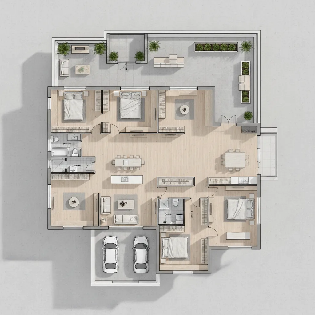 Modern interior design drawing showing house floor plan with four bedrooms and two car garage