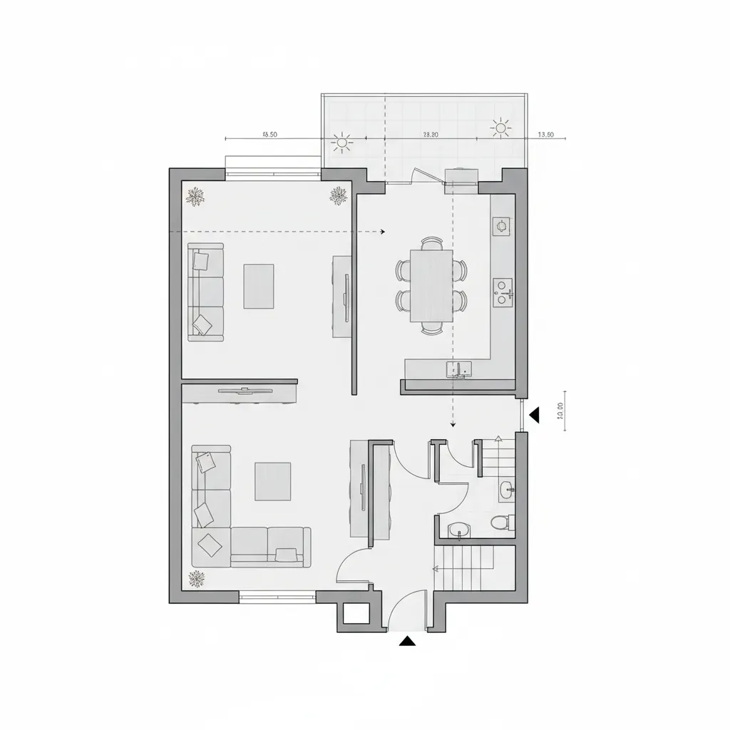 Denah rumah kecil dengan lebar 4 meter dan layout memanjang