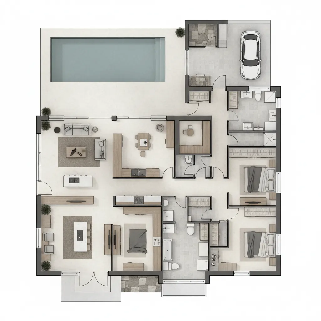 House floor plan design showing a swimming pool, garage, kitchen, and three separate bedroom areas