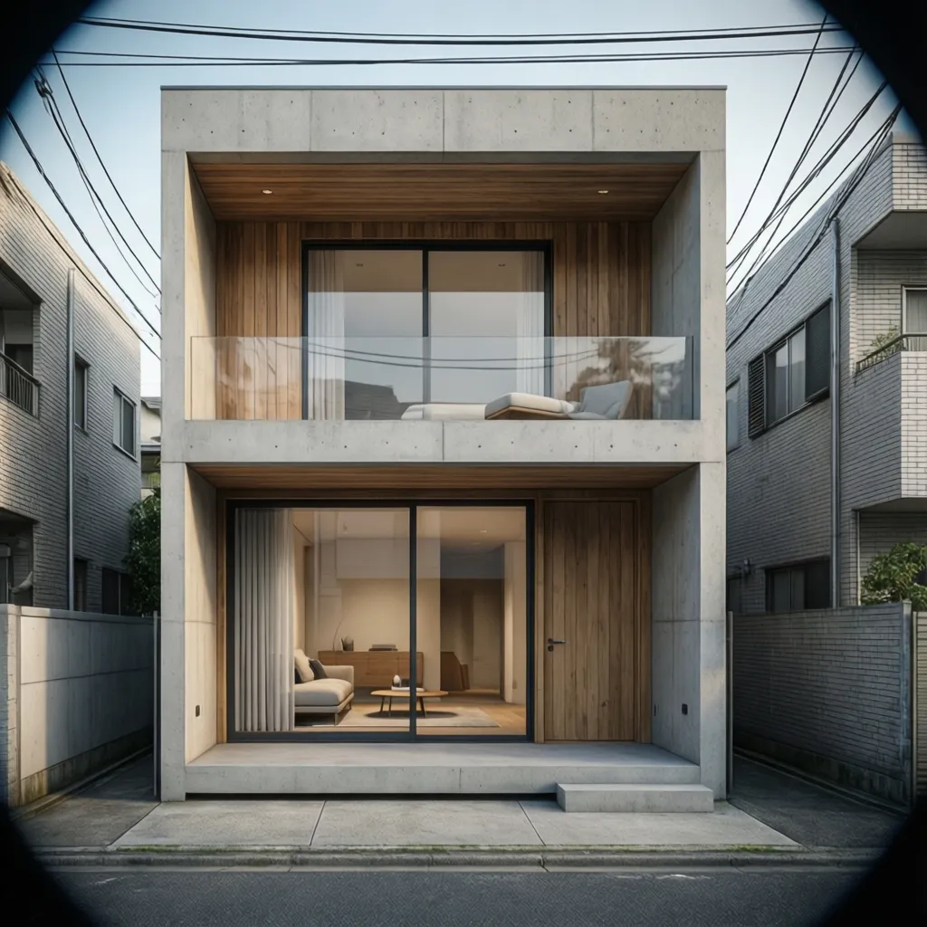 Modern two story concrete house with wooden panels, glass balcony, large windows, and interior lighting