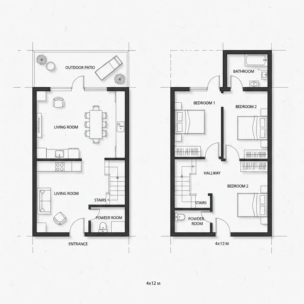 Ilustrasi denah rumah 4x12 meter dua lantai