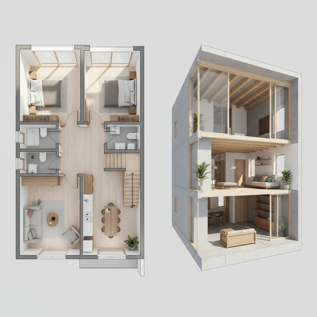 Interior design drawing showing top view and 3D model of a modern two story home