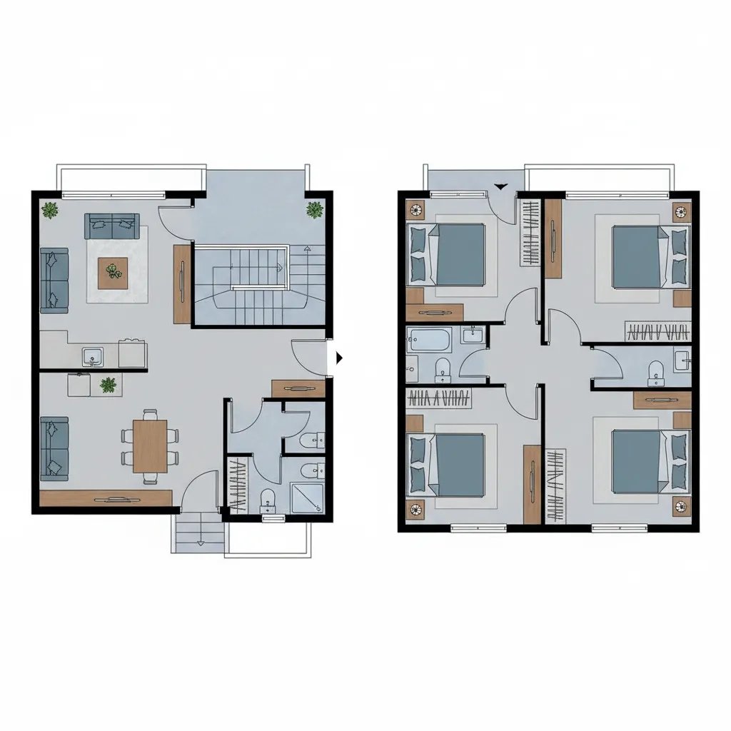 Denah rumah 4x12 dua lantai dengan tiga kamar tidur