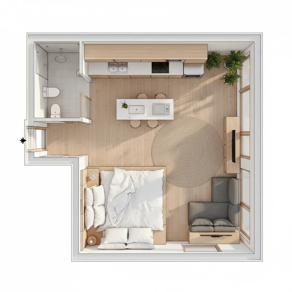 Top view 3D room layout showing bed sofa kitchen island round rug and small bathroom