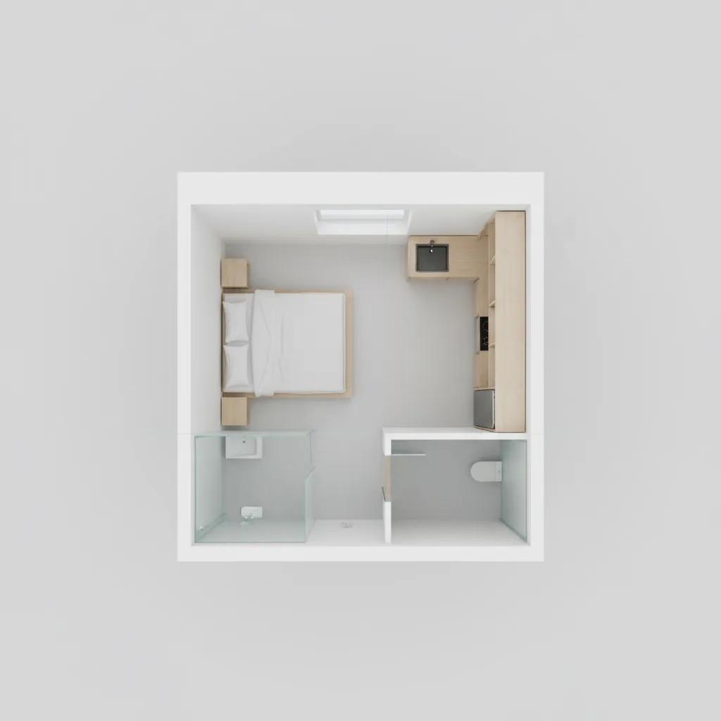 Simple 3D interior design drawing of a tiny studio apartment with bed kitchen and bathroom
