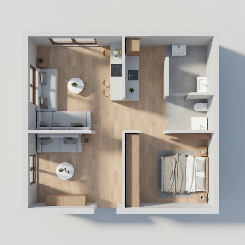 Top view interior design drawing of modern flat with grey sofa kitchen bathroom and bedroom