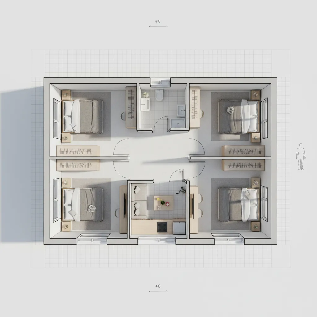 Top view interior design drawing showing a house with four bedrooms and one central bathroom