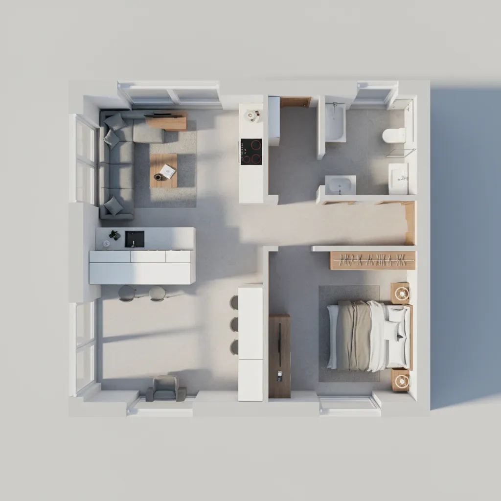 Modern interior design drawing of apartment floor plan with living room kitchen bedroom and bathroom