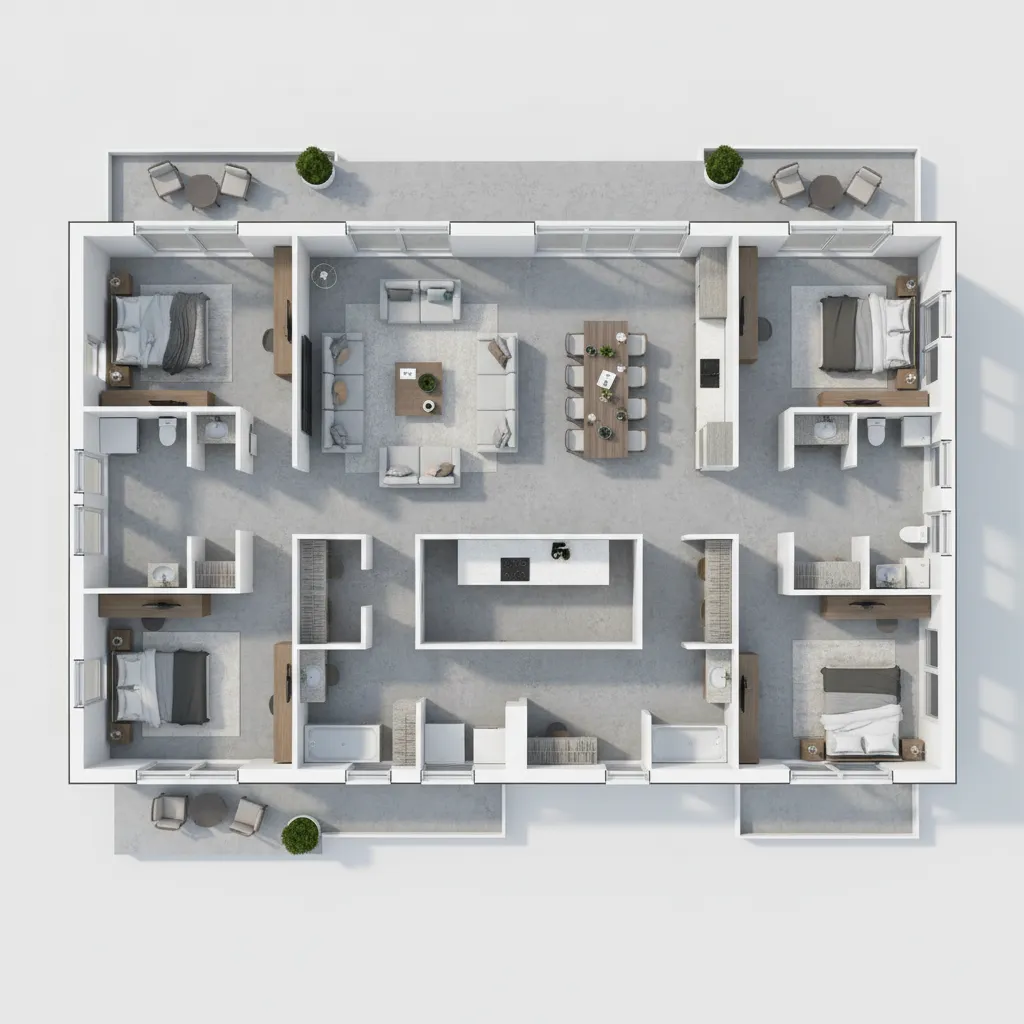 Interior design drawing showing five bedroom floor plan with grey floors and three outdoor balconies