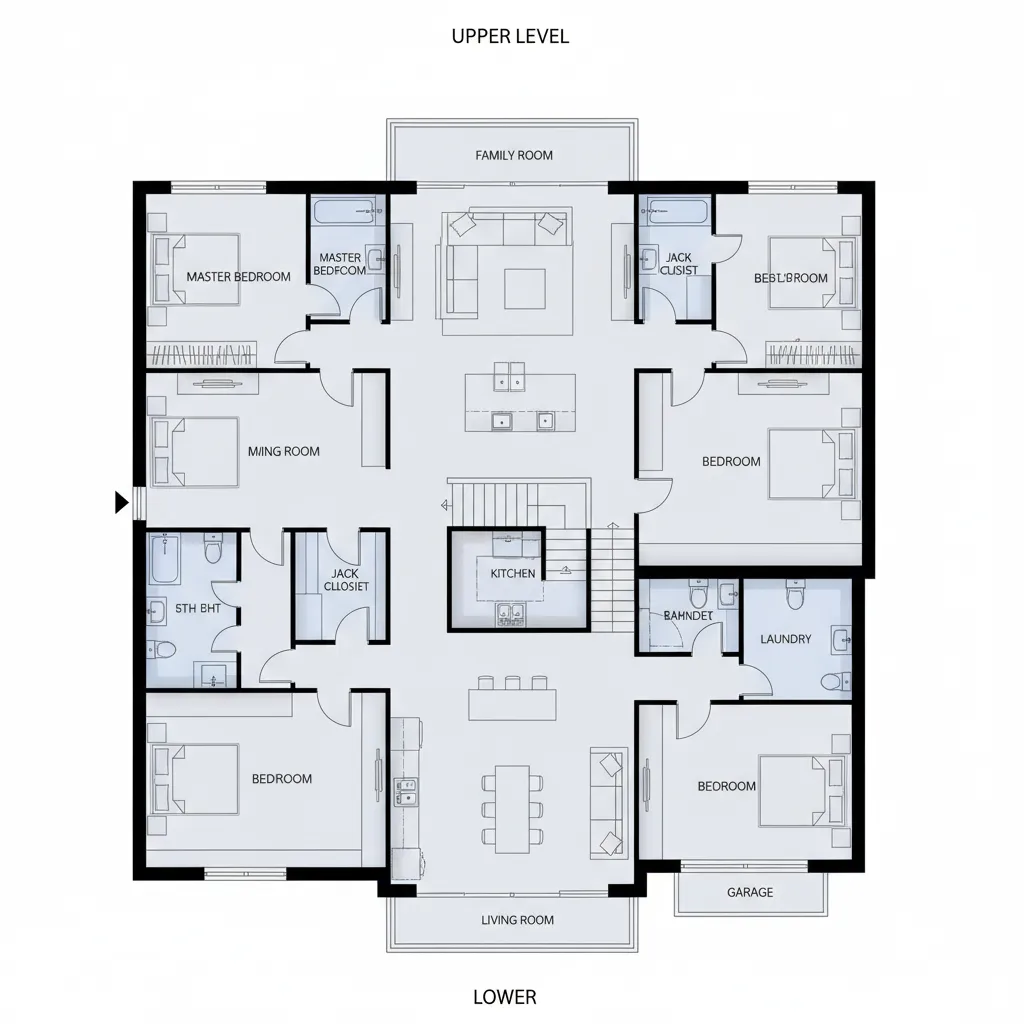 Detailed floor plan showing two story house layout with five bedrooms and central living room