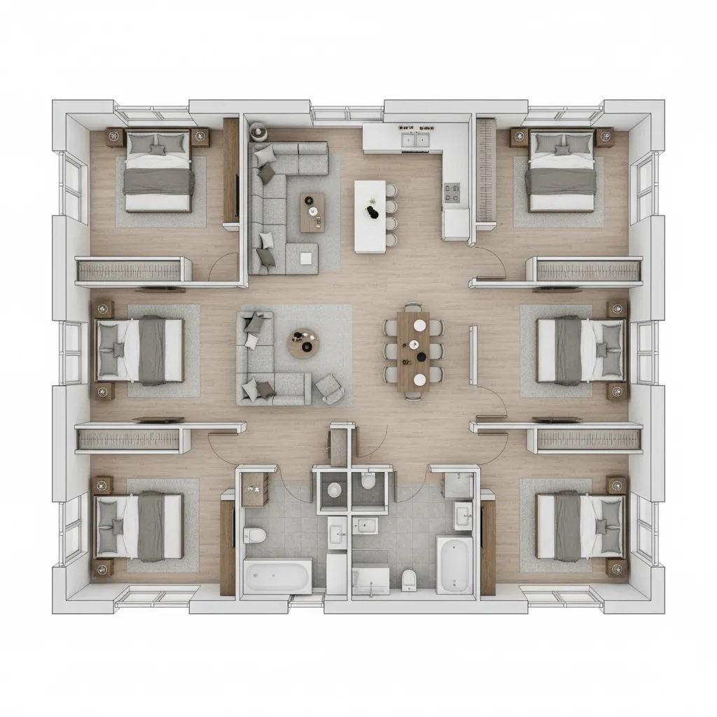 Interior design drawing of a five bedroom house layout with wood floors and white walls