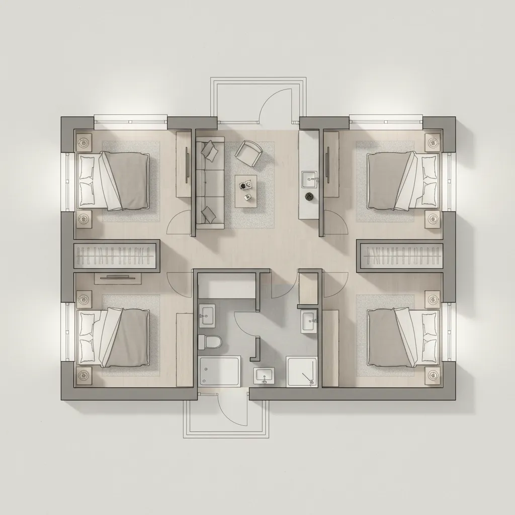 Interior design drawing showing four bedrooms living room kitchen and bathroom with light wood floors
